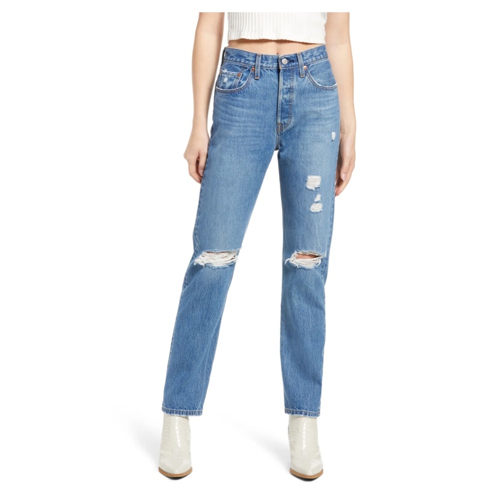 High-Rise Distressed Straight Leg Jeans - Blue - Picture 11 of 14